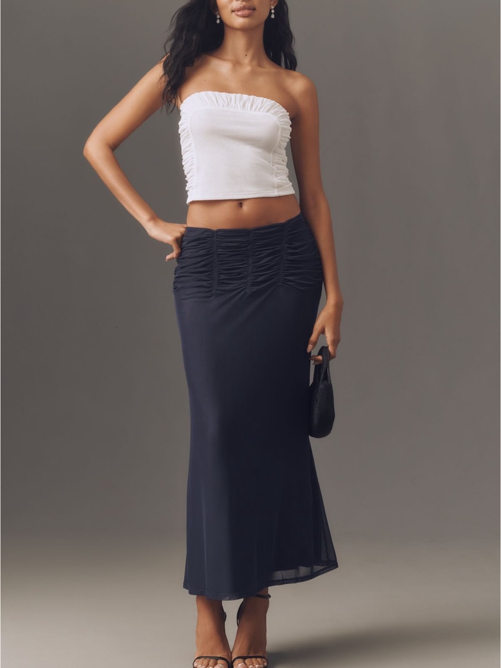 Anthropologie Navy Ruched-Waist Midi Skirt